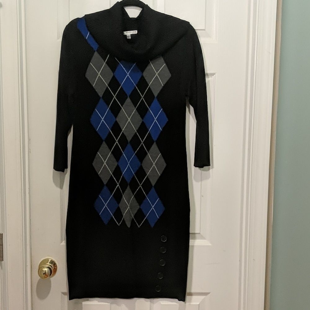 Studio One black gray blue sweater dress Sz L NWOT
